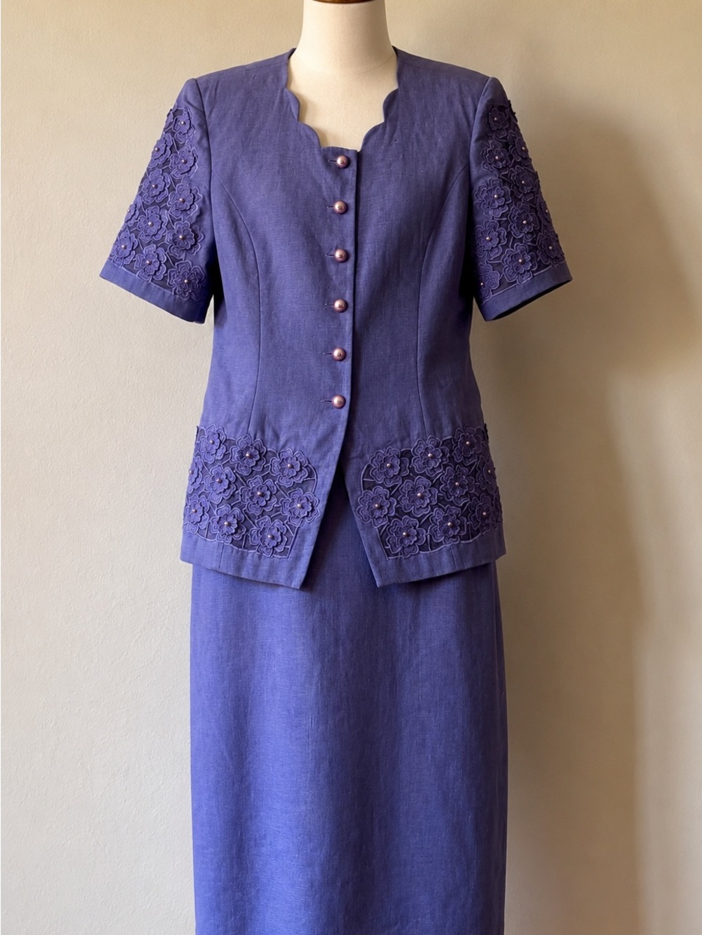 Vintage Anne French 2-Piece Skirt Suit Lavender Linen Floral Lace   8